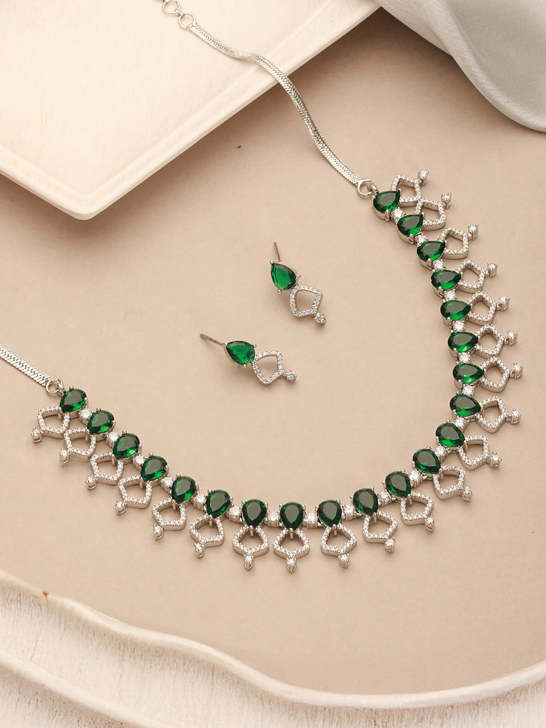 Silver Toned Rhodium Plated Emerald Green AD Studded Designer Jeellery Set